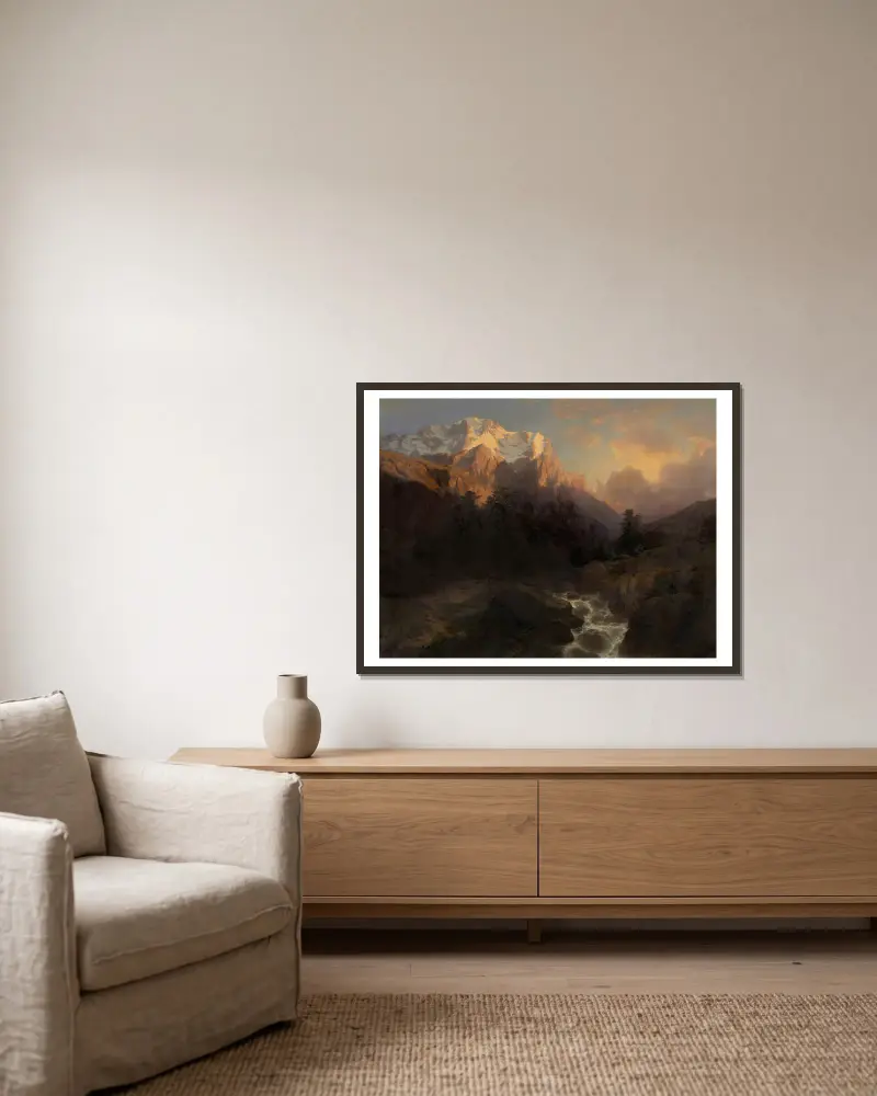 The Wetterhorn av Alexandre Calame inramad på en vägg