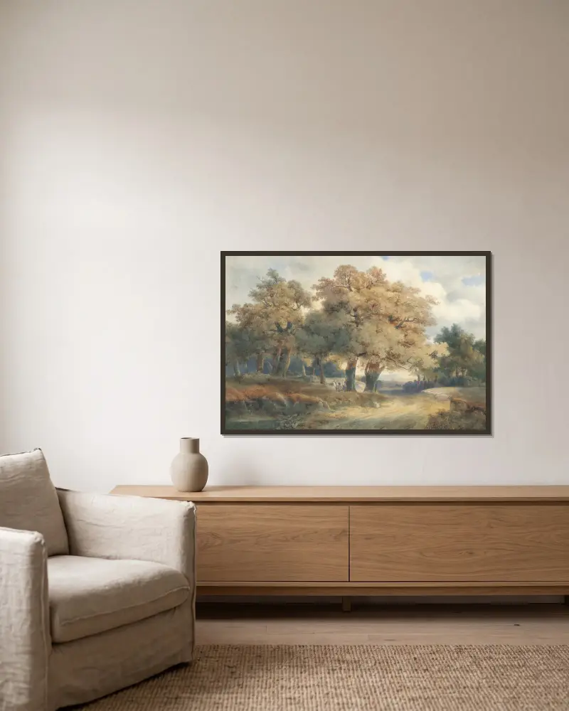 Stromy, cesty a postavy, Alexandre Calame v rámu na stěně