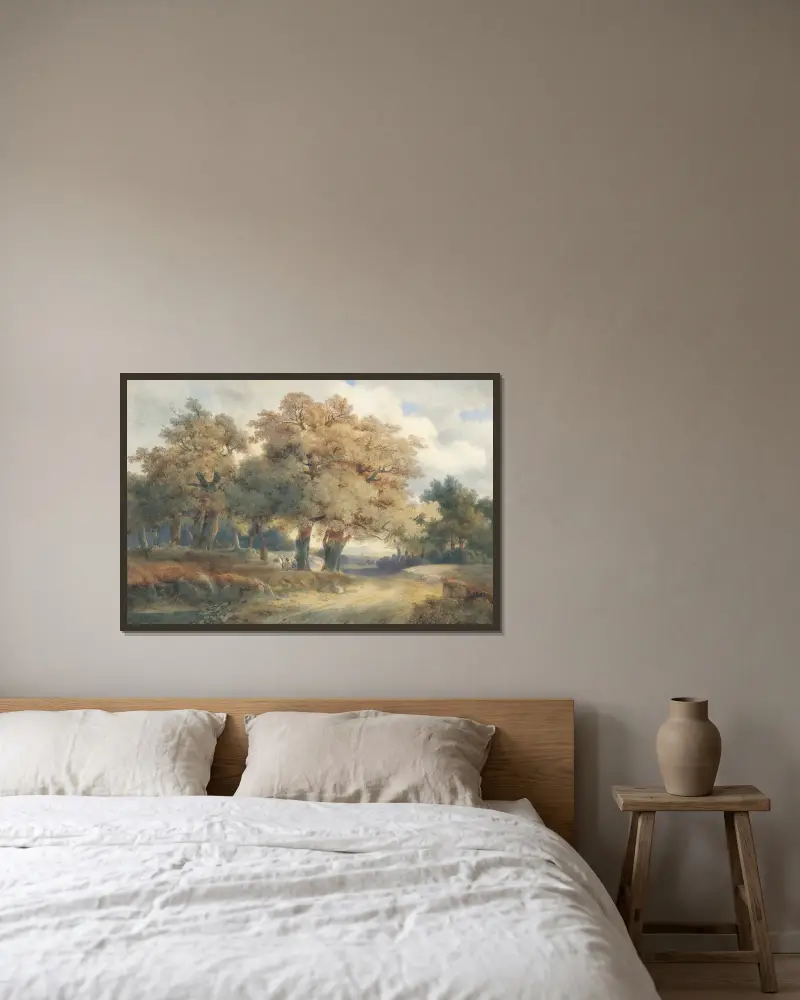 Stromy, cesty a postavy, Alexandre Calame v rámu na stěně