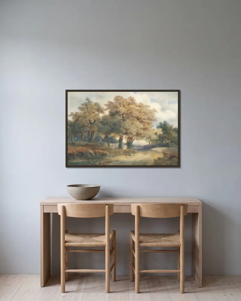 Stromy, cesty a postavy, Alexandre Calame v rámu na stěně