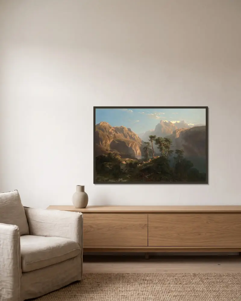 Vierwaldstätter See av Alexandre Calame inramad på en vägg