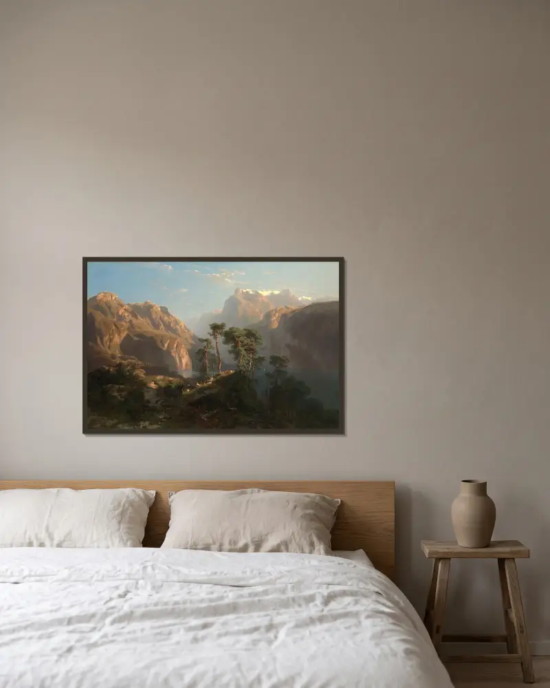 Vierwaldstätter See av Alexandre Calame inramad på en vägg
