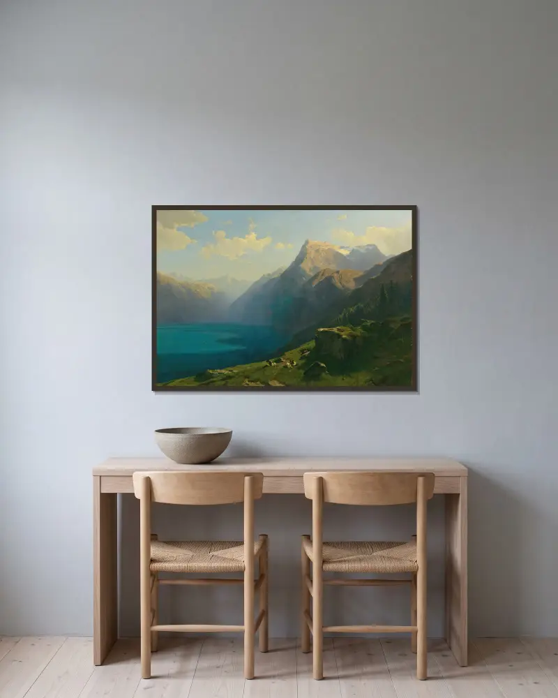 Utsikt över Vierwaldstättersjön från Seelisberg av Alexandre Calame inramad på en vägg