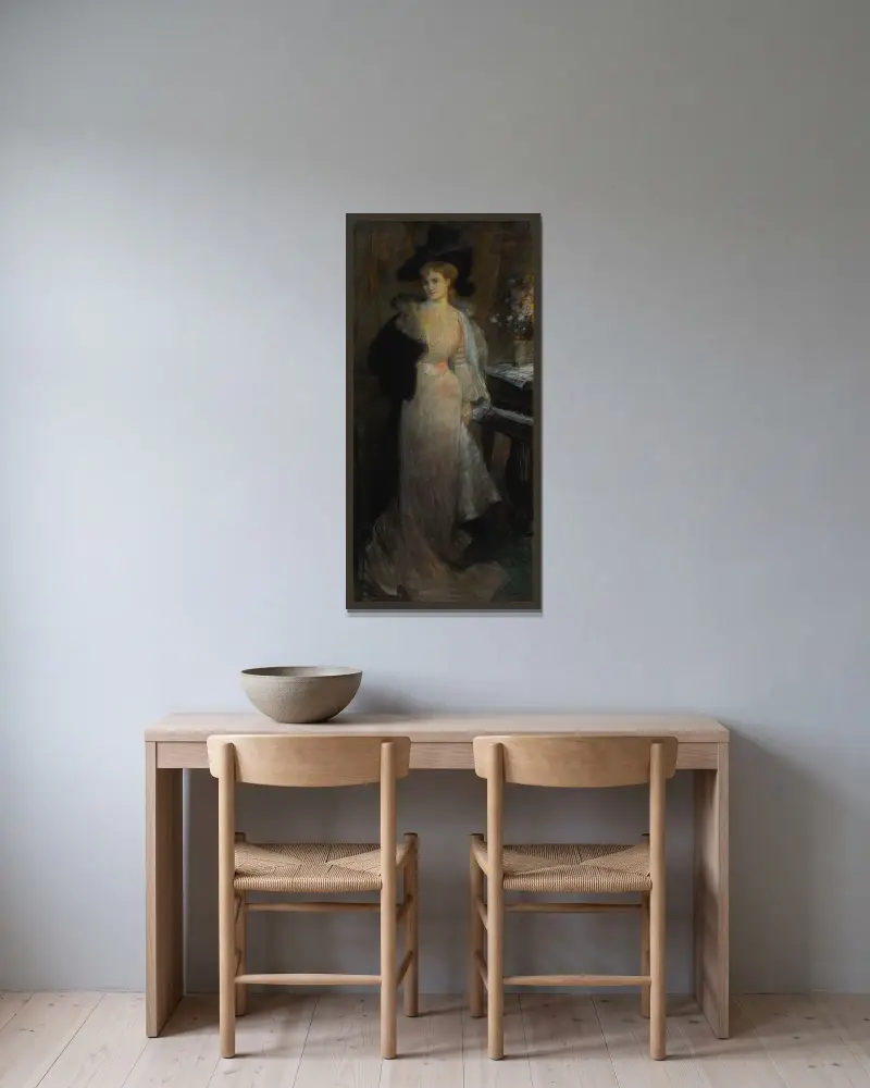 Porträtt av en elegant dam av Jules-Alexandre Grün inramad på en vägg