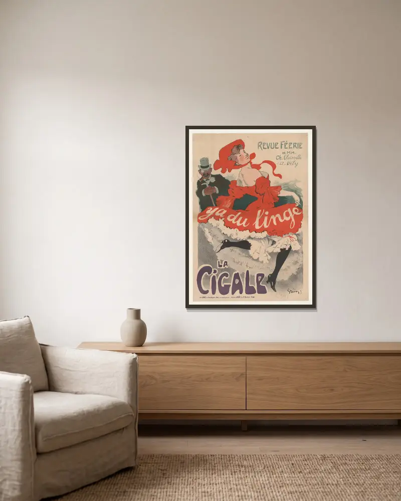 Revue féérie. Y a du linge. La Cigale av Jules-Alexandre Grün inramad på en vägg
