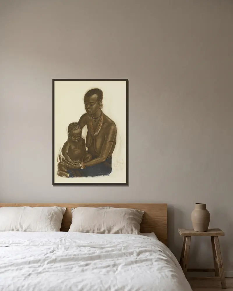 M'gogokvinna med sitt barn (Dodoma) av Alexandre Jacovleff inramad på en vägg