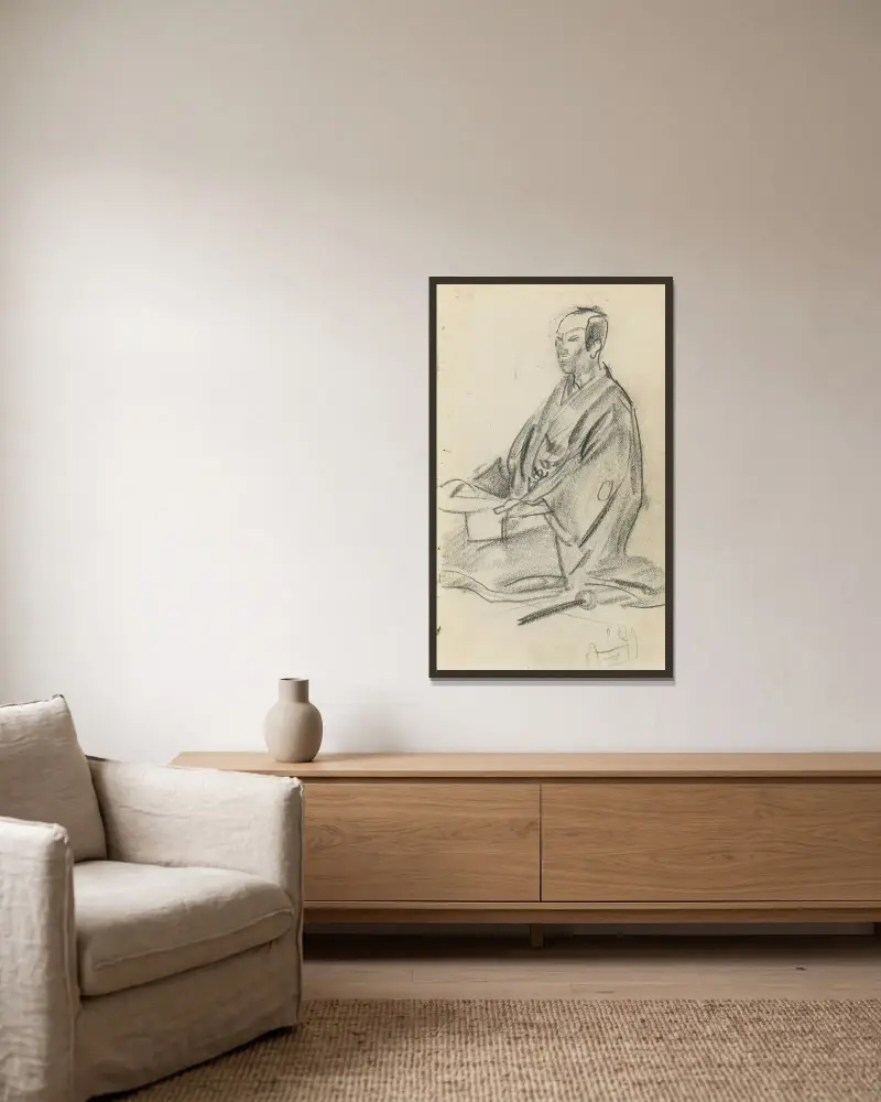 Japansk figur av Alexandre Jacovleff inramad på en vägg