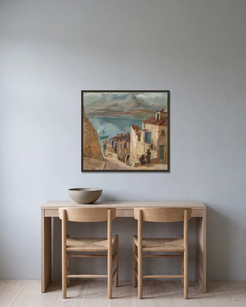 Hamnen i Calvi av Alexandre Jacovleff inramad på en vägg