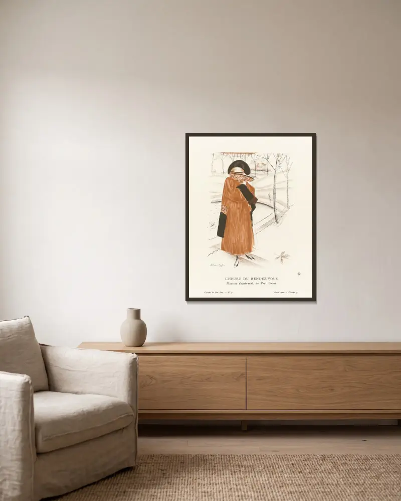 L’Heure du rendez-vous Manteau d’après-midi, de Paul Poiret av Alexandre Jacovleff inramad på en vägg