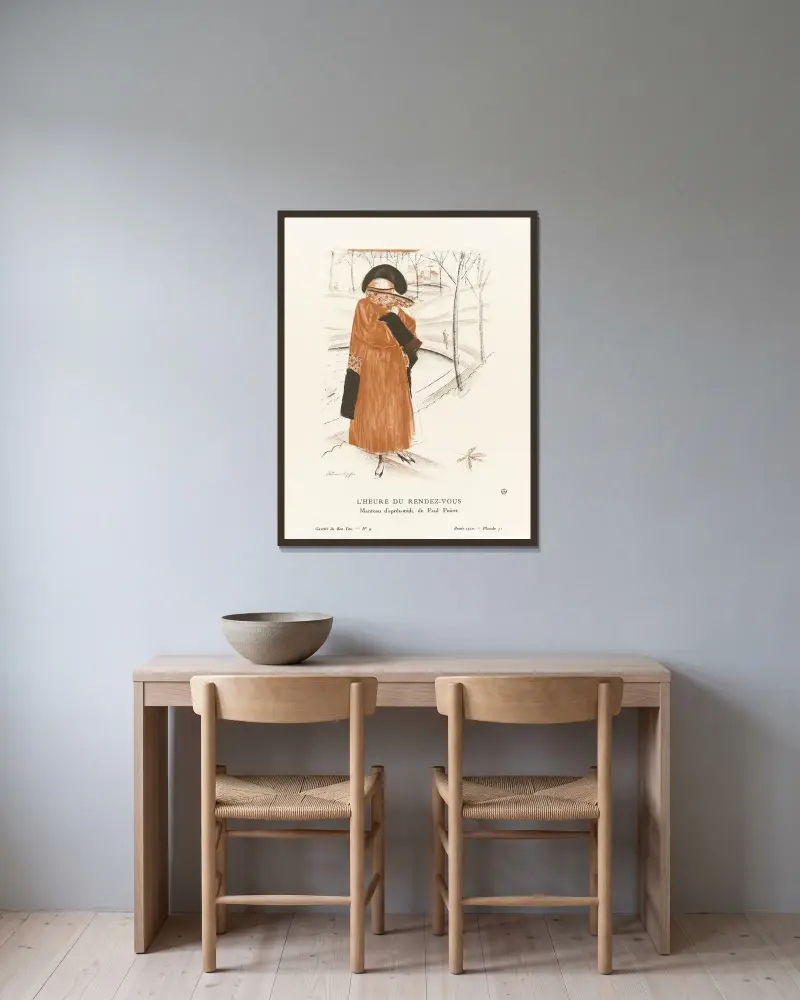 L’Heure du rendez-vous Manteau d’après-midi, de Paul Poiret av Alexandre Jacovleff inramad på en vägg