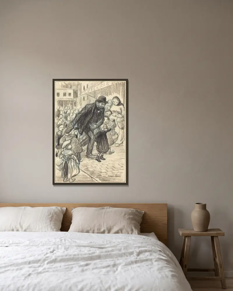 En man på en stadsgata, omgiven av barn (Un Père) av Théophile Alexandre Steinlen inramad på en vägg