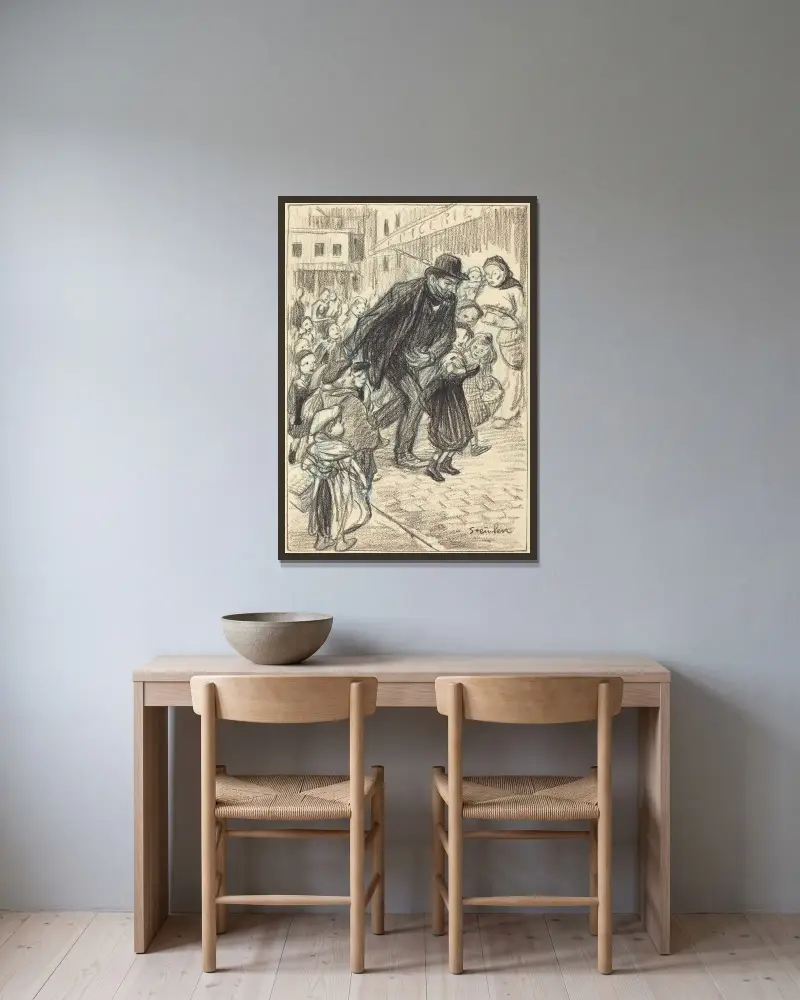En man på en stadsgata, omgiven av barn (Un Père) av Théophile Alexandre Steinlen inramad på en vägg