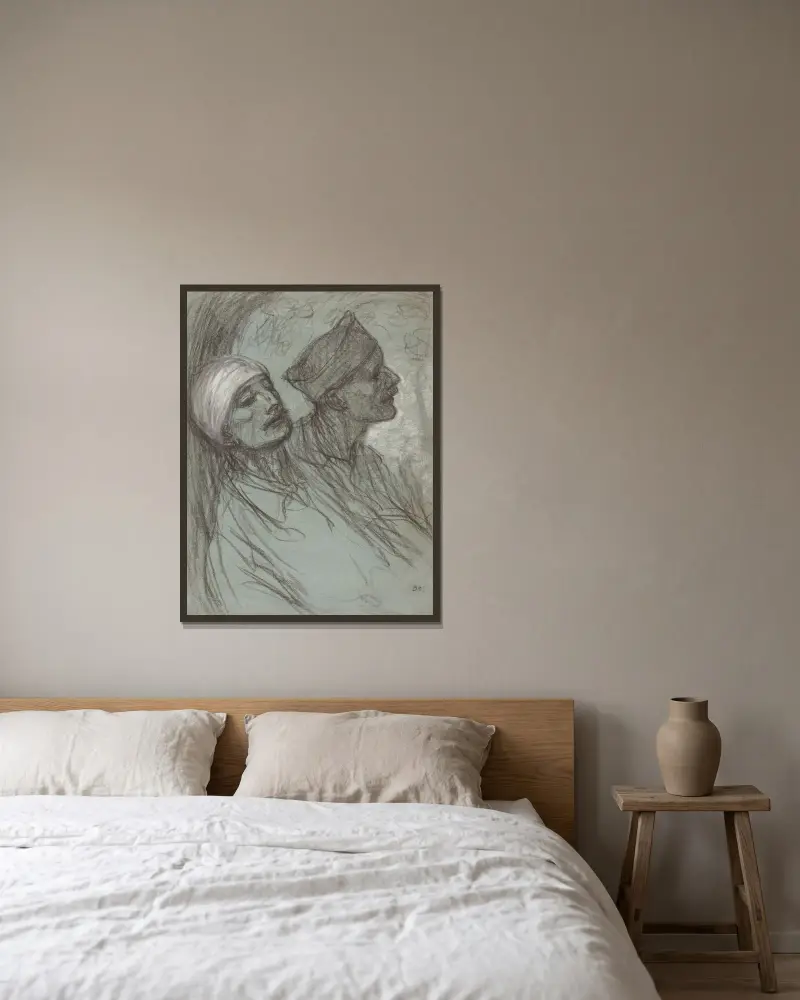 En sårad soldat och hans kamrat av Théophile Alexandre Steinlen inramad på en vägg