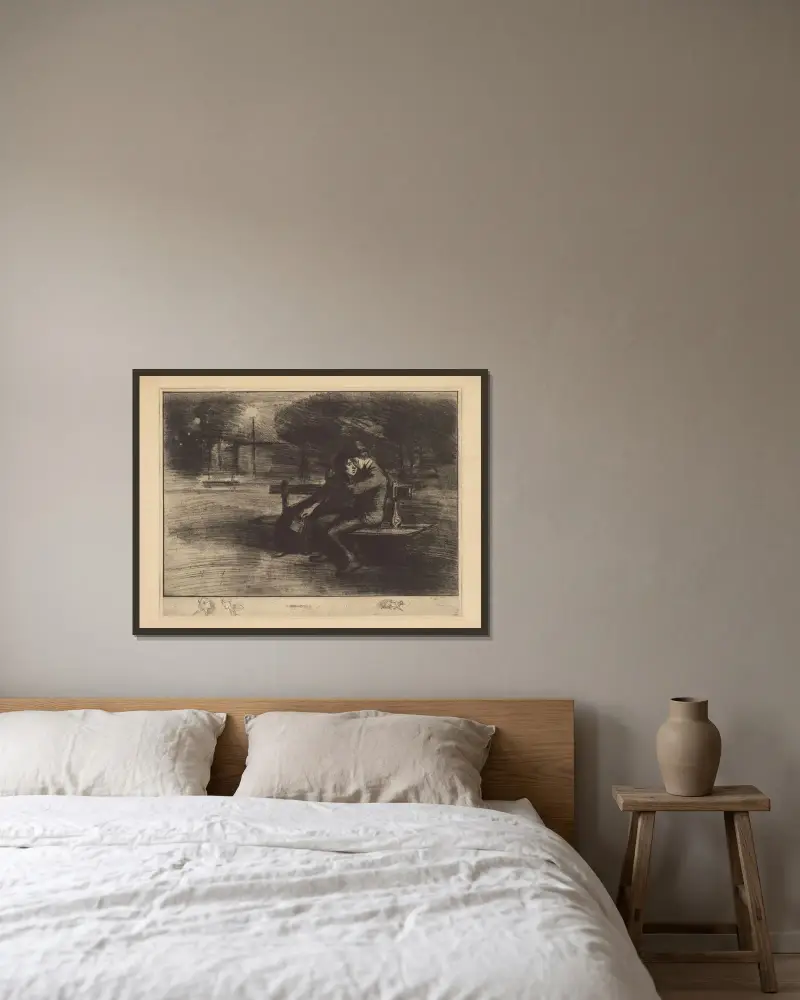 Älskande på en bänk av Théophile Alexandre Steinlen inramad på en vägg