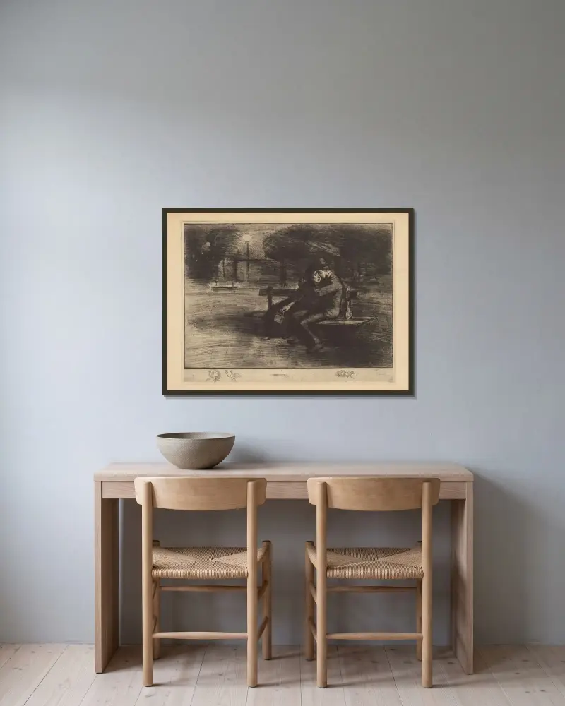 Älskande på en bänk av Théophile Alexandre Steinlen inramad på en vägg