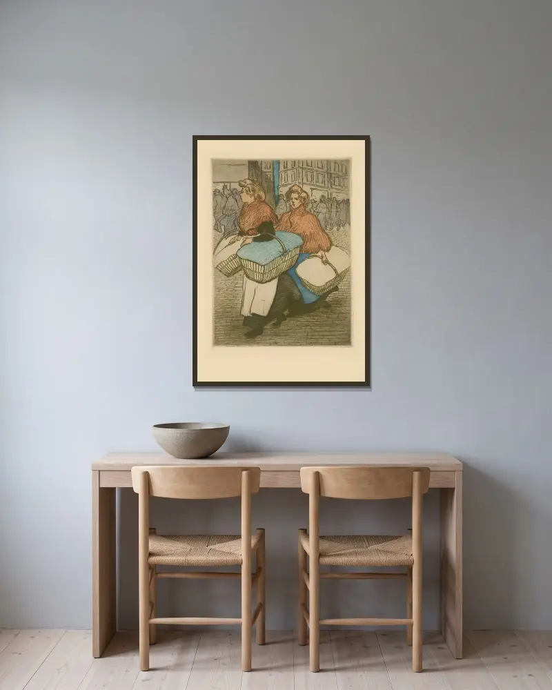 Tvätterskor som bär tillbaka arbetet av Théophile Alexandre Steinlen inramad på en vägg