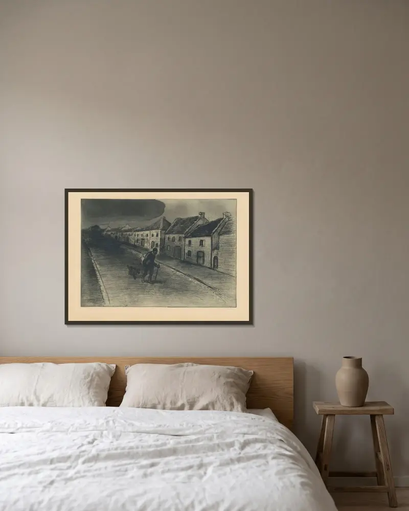 Der Landstreicher, der ein schlafendes Dorf durchquert von Théophile Alexandre Steinlen gerahmt an einer Wand