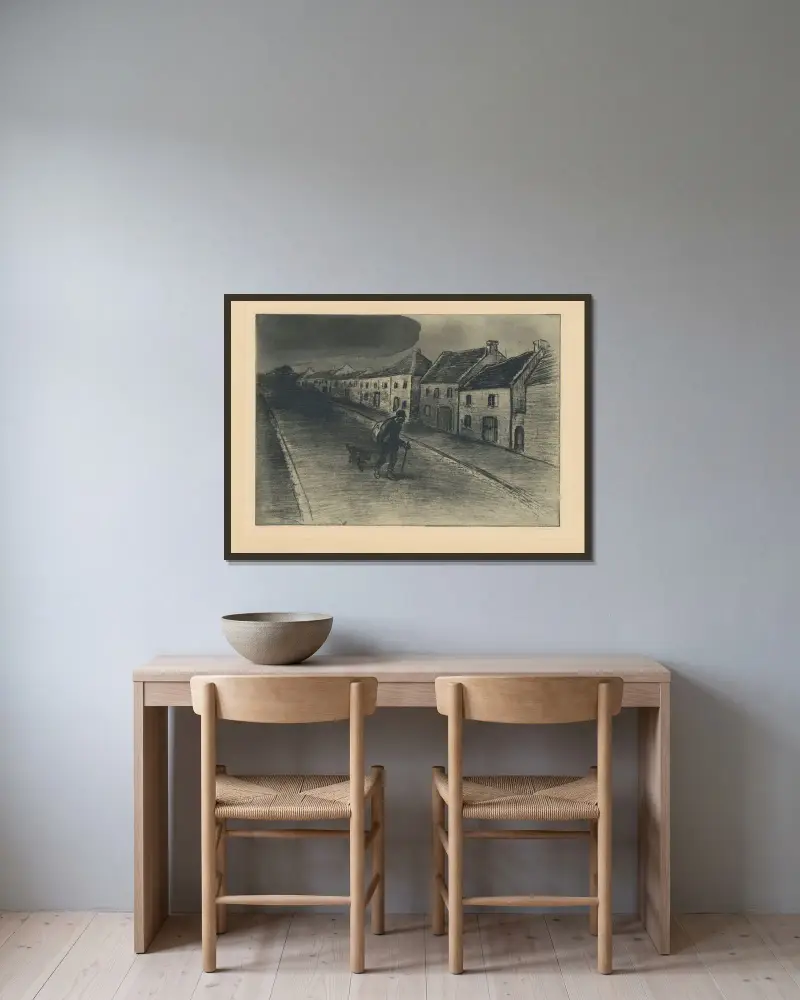 Der Landstreicher, der ein schlafendes Dorf durchquert von Théophile Alexandre Steinlen gerahmt an einer Wand