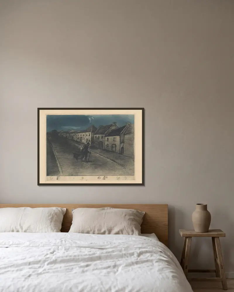 Chemineau som går genom en sovande by av Théophile Alexandre Steinlen inramad på en vägg
