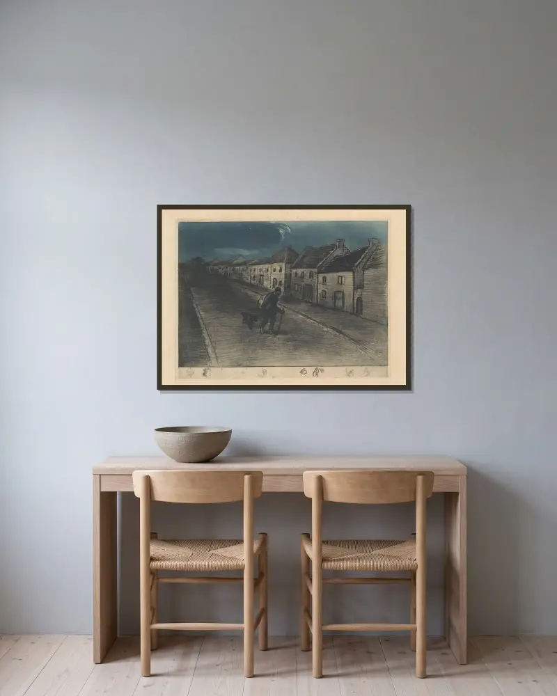 Chemineau som går genom en sovande by av Théophile Alexandre Steinlen inramad på en vägg
