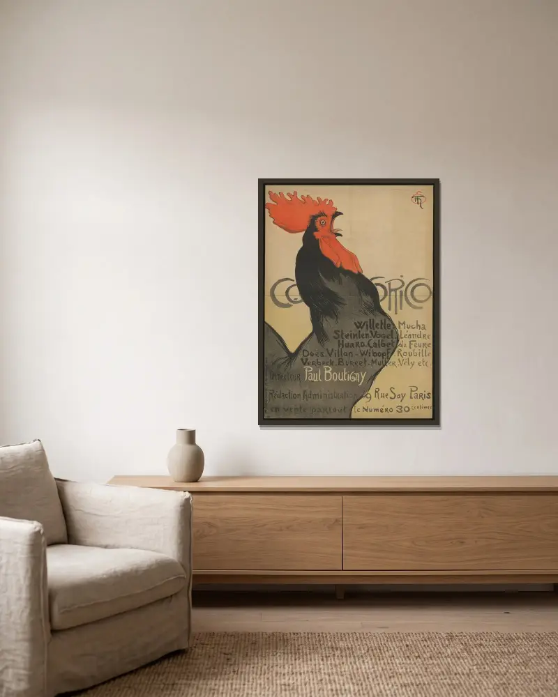 Cocorico (Zeitschrift-Werbung) av Théophile Alexandre Steinlen inramad på en vägg