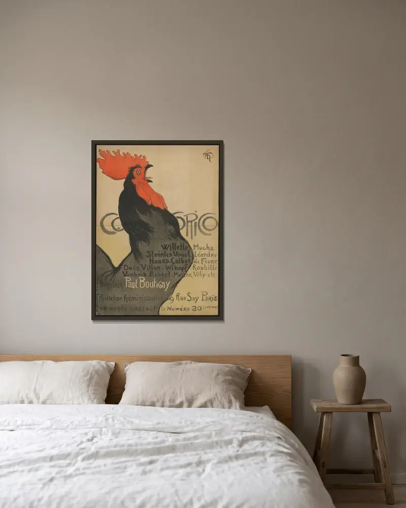 Cocorico (Zeitschrift-Werbung) av Théophile Alexandre Steinlen inramad på en vägg