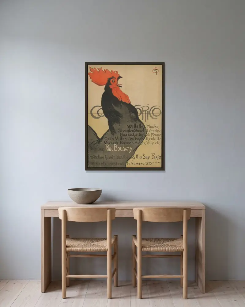 Cocorico (Zeitschrift-Werbung) av Théophile Alexandre Steinlen inramad på en vägg