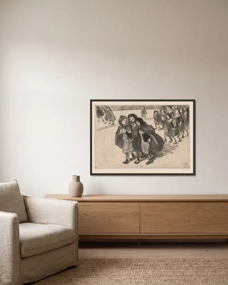 På väg hem från skolan av Théophile Alexandre Steinlen inramad på en vägg