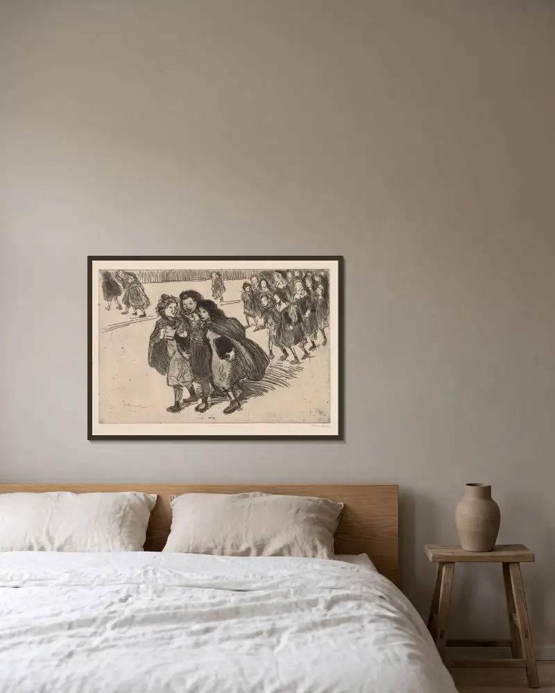 På väg hem från skolan av Théophile Alexandre Steinlen inramad på en vägg