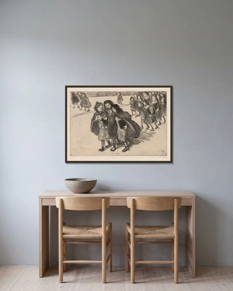 På väg hem från skolan av Théophile Alexandre Steinlen inramad på en vägg
