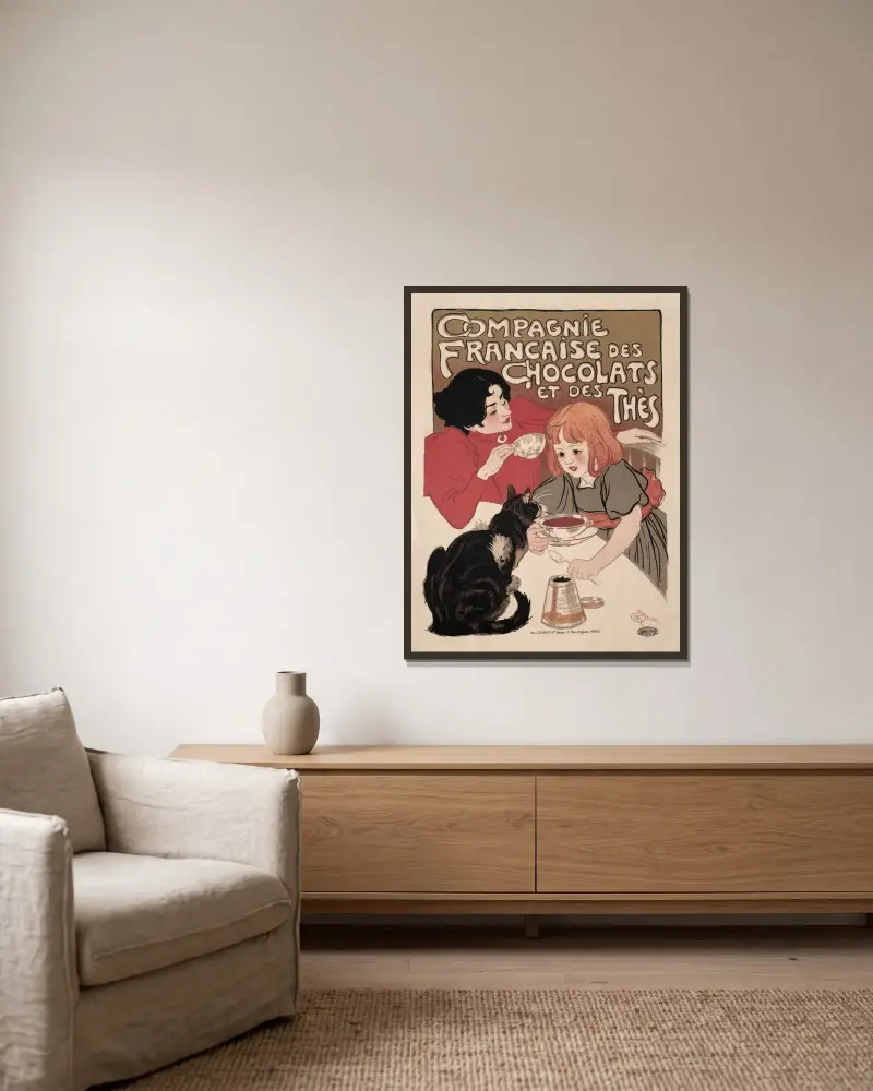 Compagnie Française des Chocolate et des Thés av Théophile Alexandre Steinlen inramad på en vägg