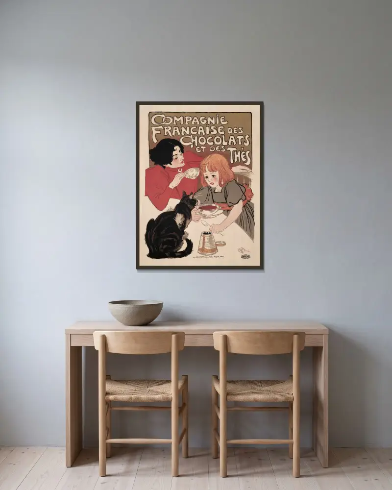 Compagnie Française des Chocolate et des Thés av Théophile Alexandre Steinlen inramad på en vägg