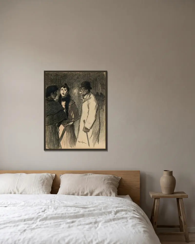 Samtal på gatan om kvällen av Théophile Alexandre Steinlen inramad på en vägg