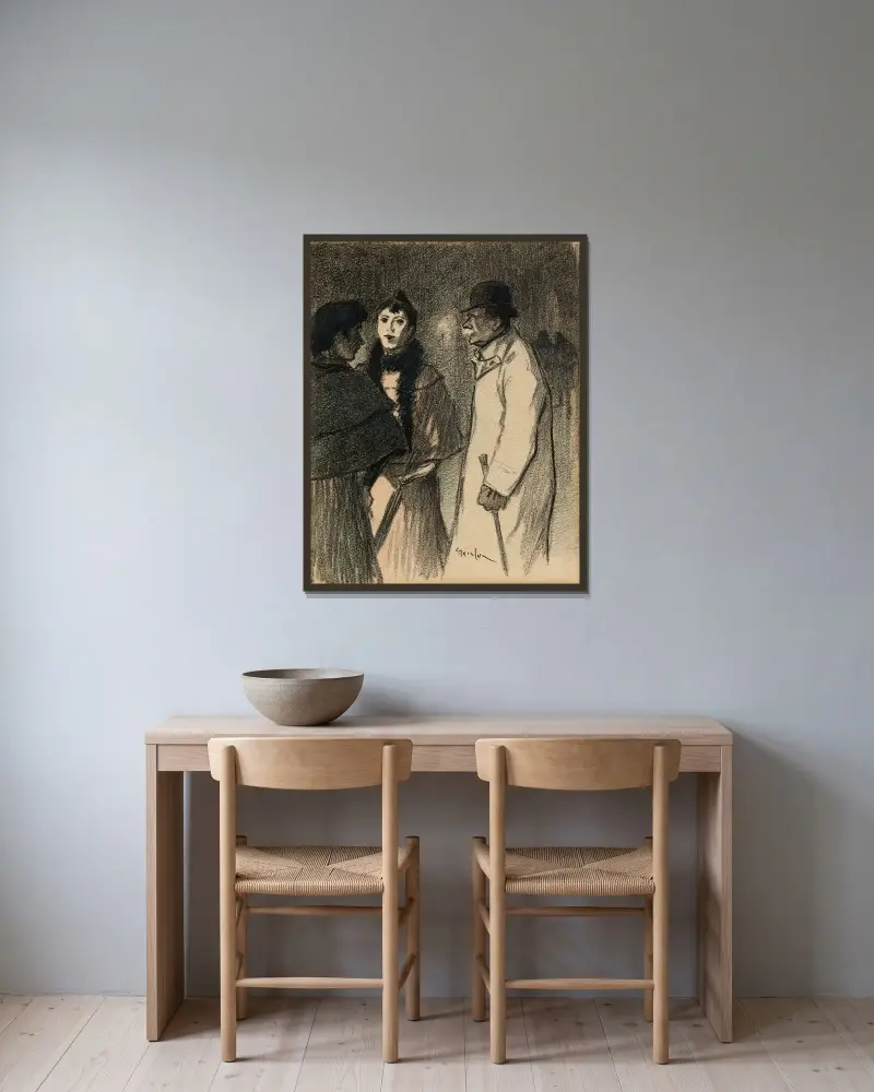 Samtal på gatan om kvällen av Théophile Alexandre Steinlen inramad på en vägg