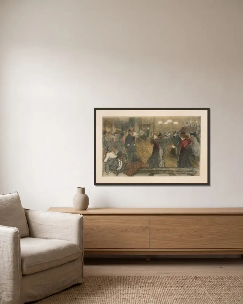 Par på dansgolv, män och soldater ser på från sidan av Théophile Alexandre Steinlen inramad på en vägg