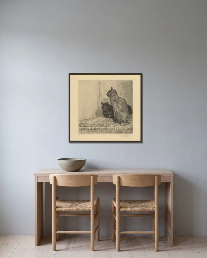 Två katter sida vid sida av Théophile Alexandre Steinlen inramad på en vägg