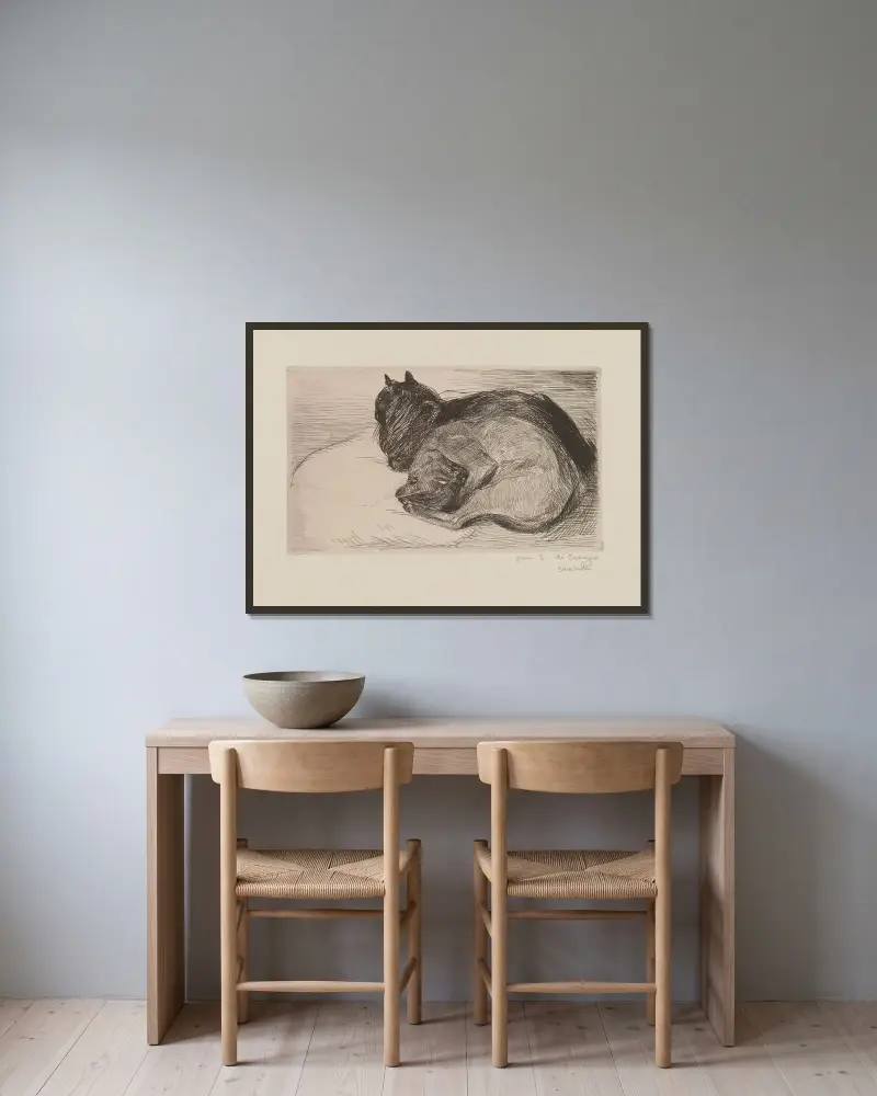 Två sovande katter av Théophile Alexandre Steinlen inramad på en vägg