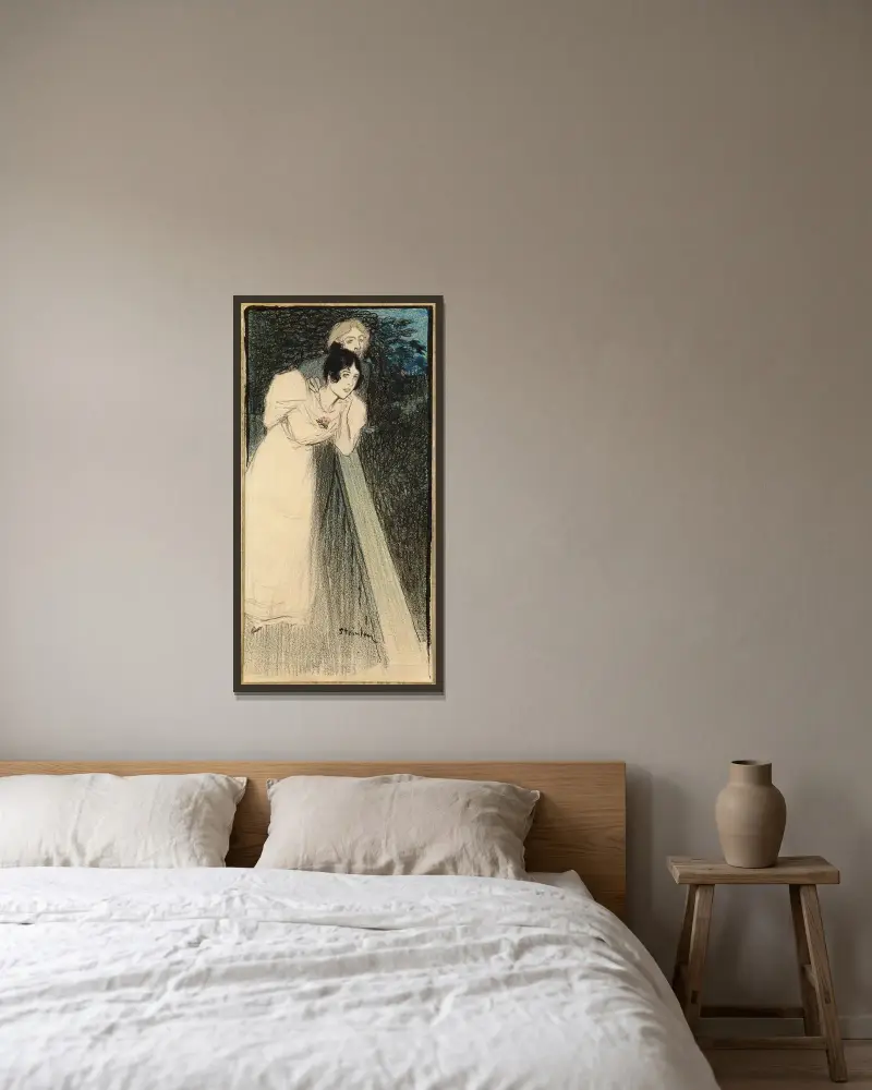 Två kvinnor i klänning av Théophile Alexandre Steinlen inramad på en vägg