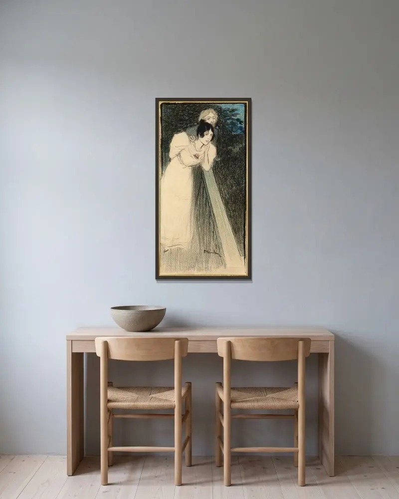Två kvinnor i klänning av Théophile Alexandre Steinlen inramad på en vägg