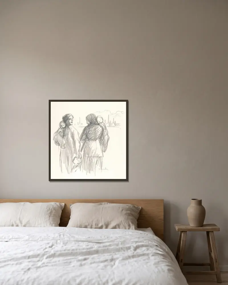 Två mödrar och tre barn (Det är krig) av Théophile Alexandre Steinlen inramad på en vägg