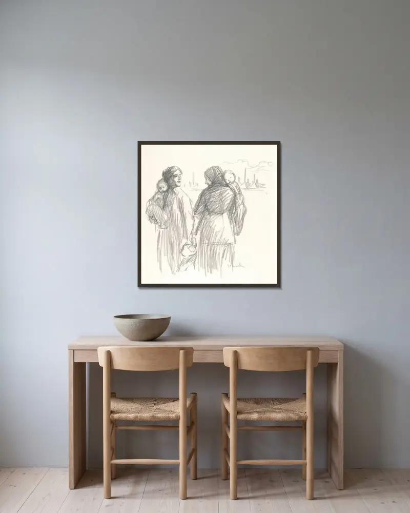 Två mödrar och tre barn (Det är krig) av Théophile Alexandre Steinlen inramad på en vägg
