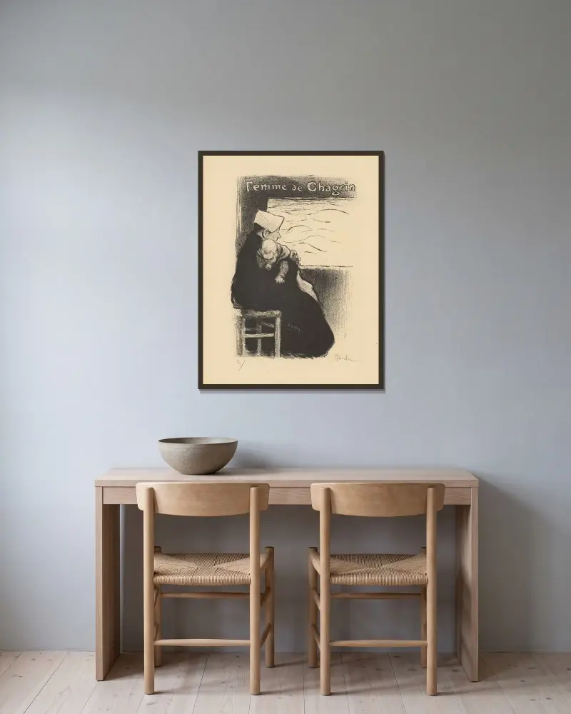 Sorgens kvinna av Théophile Alexandre Steinlen inramad på en vägg