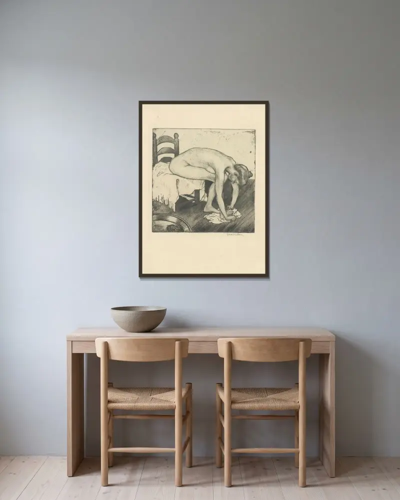 Sittande naken kvinna som torkar sina fötter av Théophile Alexandre Steinlen inramad på en vägg