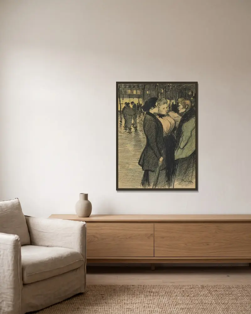 Kvinnor som samtalar på gatan av Théophile Alexandre Steinlen inramad på en vägg