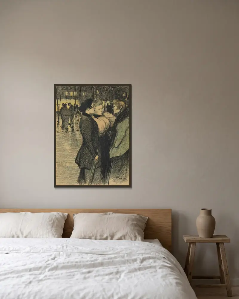 Kvinnor som samtalar på gatan av Théophile Alexandre Steinlen inramad på en vägg
