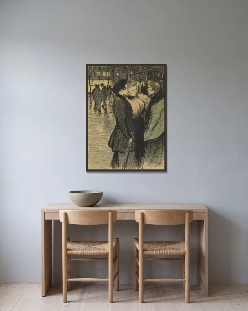 Kvinnor som samtalar på gatan av Théophile Alexandre Steinlen inramad på en vägg