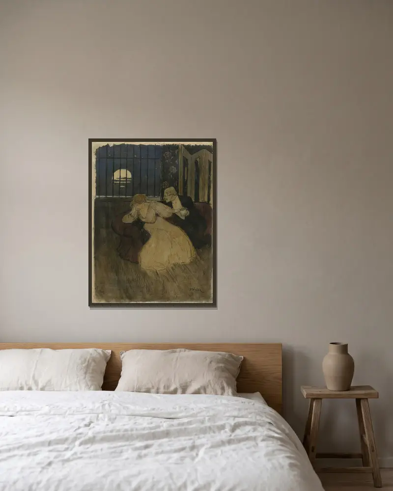 Herre i frack försöker övertala en tveksam dam i soffan av Théophile Alexandre Steinlen inramad på en vägg