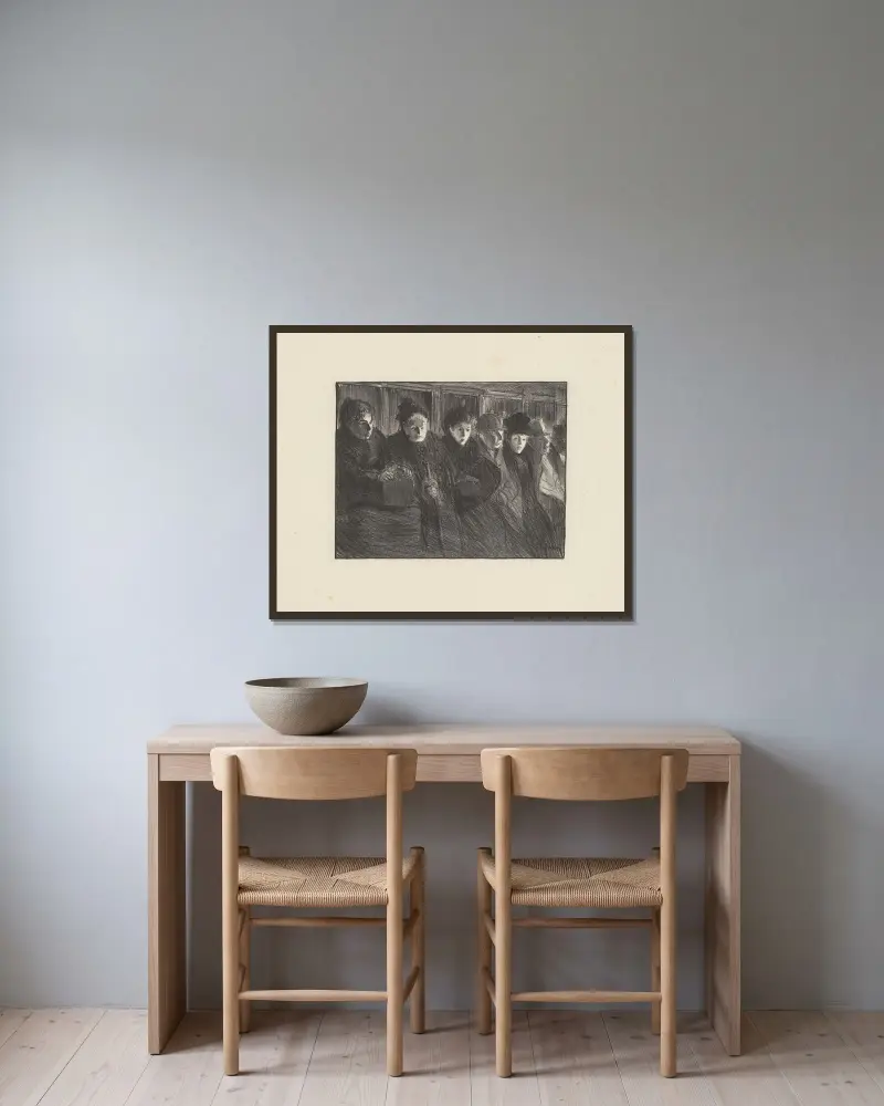 Spårvagnsinteriör av Théophile Alexandre Steinlen inramad på en vägg