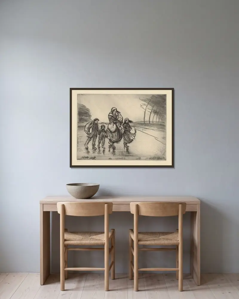 Flykten av Théophile Alexandre Steinlen inramad på en vägg