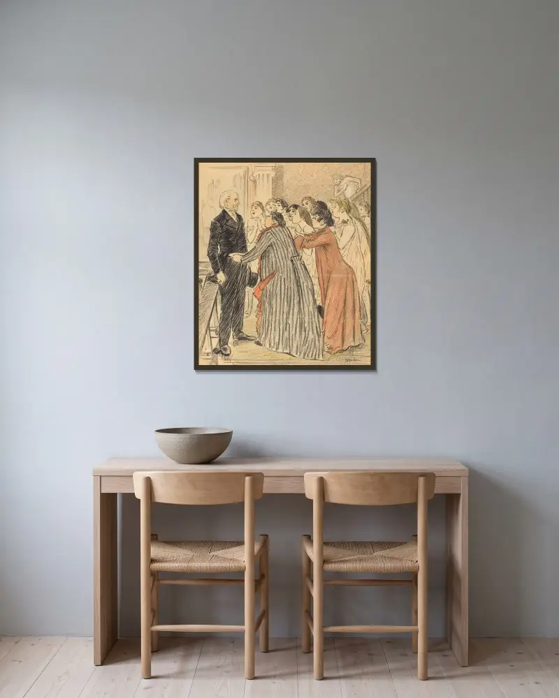 Den gamle dekanens äventyr av Théophile Alexandre Steinlen inramad på en vägg